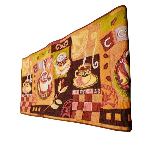 Vtg Coffee-Themed Tapestry Table Runner 13x54" Espresso Cafe Brown/Yellow/Red - Picture 2 of 8